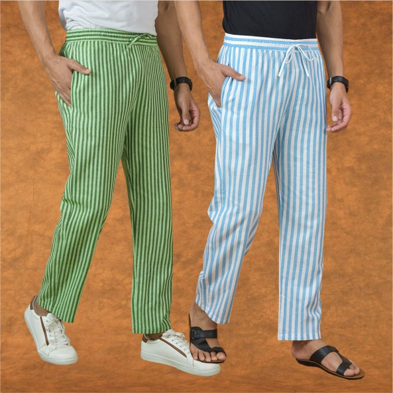Combo of 2 Men Olive Green Sky Blue Cotton Handloom Stripe Pant-15019