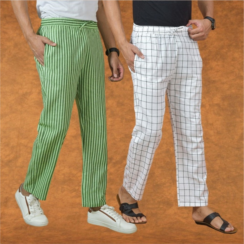 Combo of 2 Men Olive Green White Cotton Handloom Stripe Pant-15032