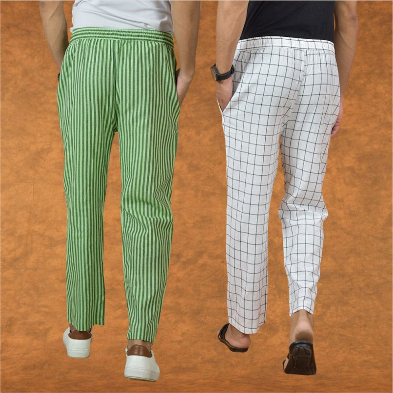 Combo of 2 Men Olive Green White Cotton Handloom Stripe Pant-15032