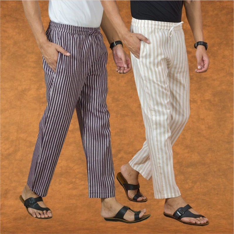 Combo of 2 Men Purple Beige Cotton Handloom Stripe Pant-15041
