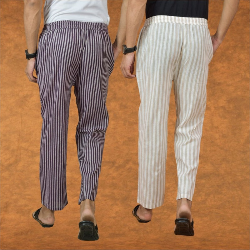 Combo of 2 Men Purple Beige Cotton Handloom Stripe Pant-15041