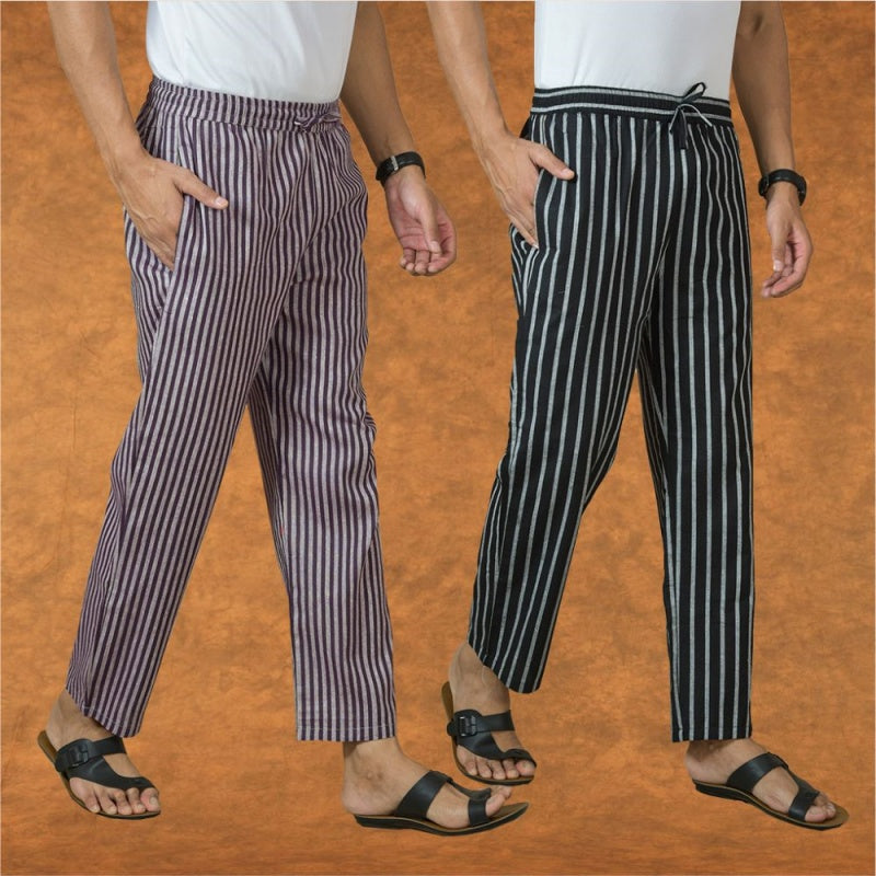 Combo of 2 Men Purple Black Cotton Handloom Stripe Pant-15050