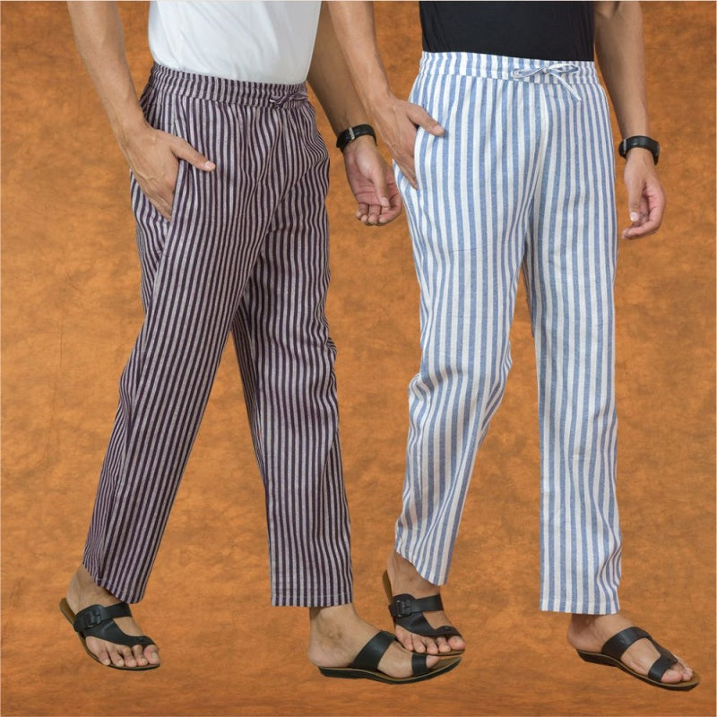 Combo of 2 Men Purple Blue Cotton Handloom Stripe Pant-15030