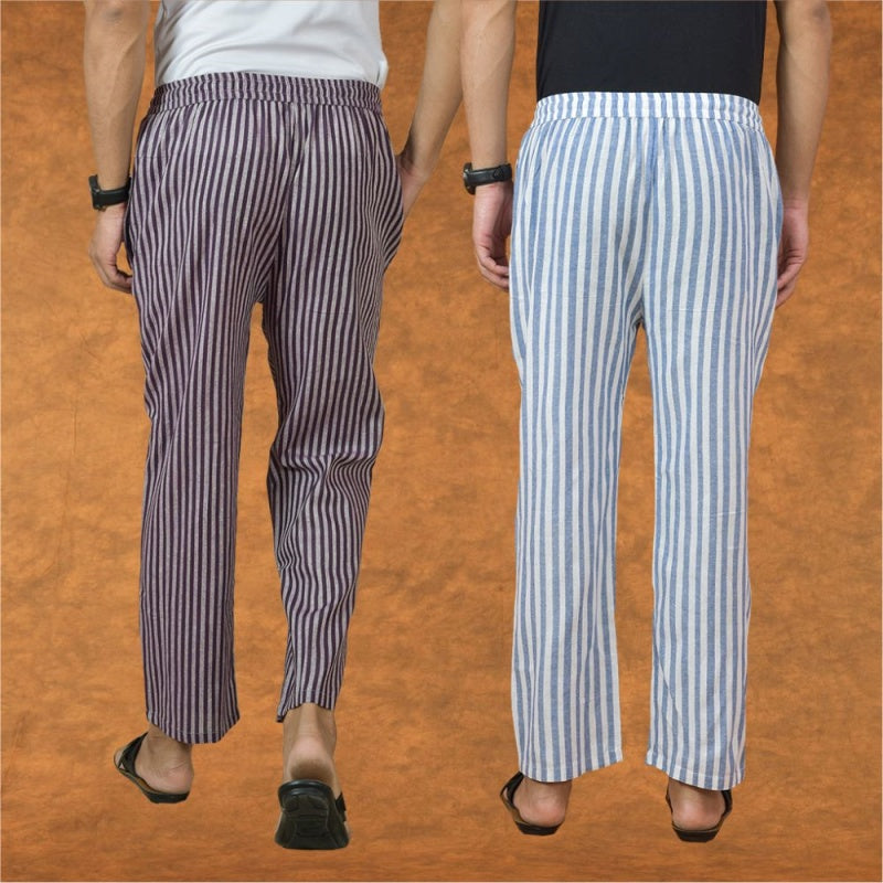 Combo of 2 Men Purple Blue Cotton Handloom Stripe Pant-15030