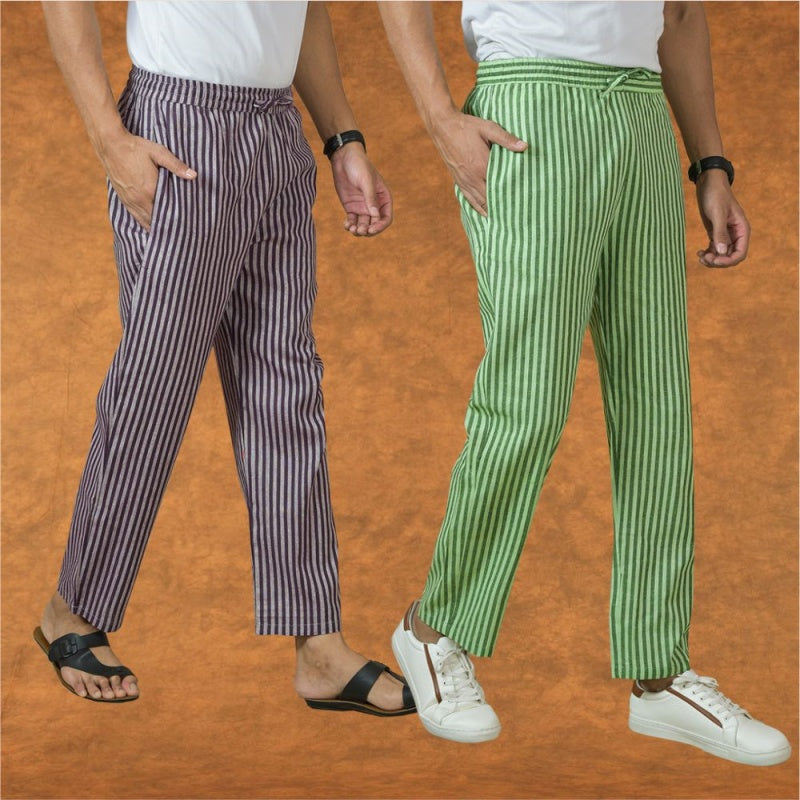 Combo of 2 Men Purple Olive Green Cotton Handloom Stripe Pant-15045