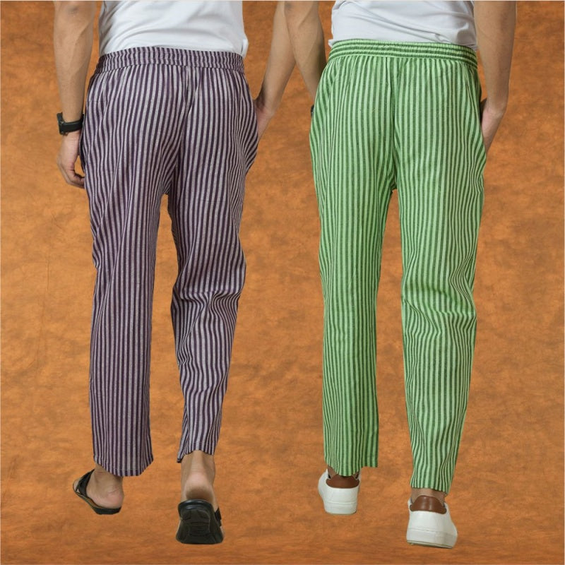 Combo of 2 Men Purple Olive Green Cotton Handloom Stripe Pant-15045