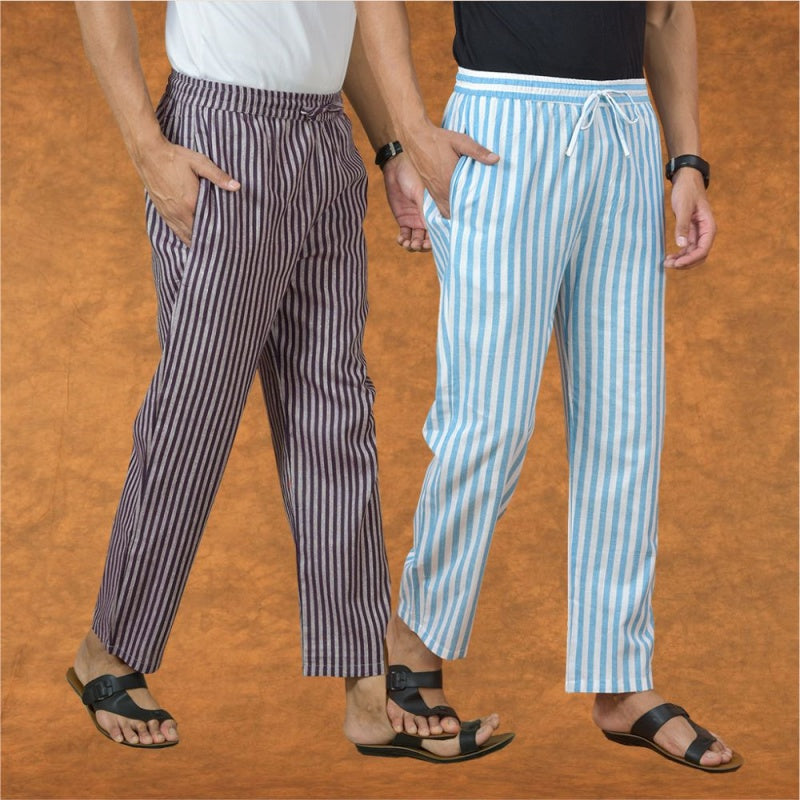Combo of 2 Men Purple Sky Blue Cotton Handloom Stripe Pant-15023
