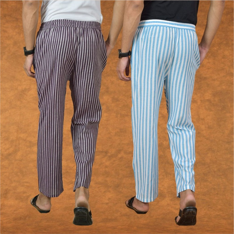 Combo of 2 Men Purple Sky Blue Cotton Handloom Stripe Pant-15023