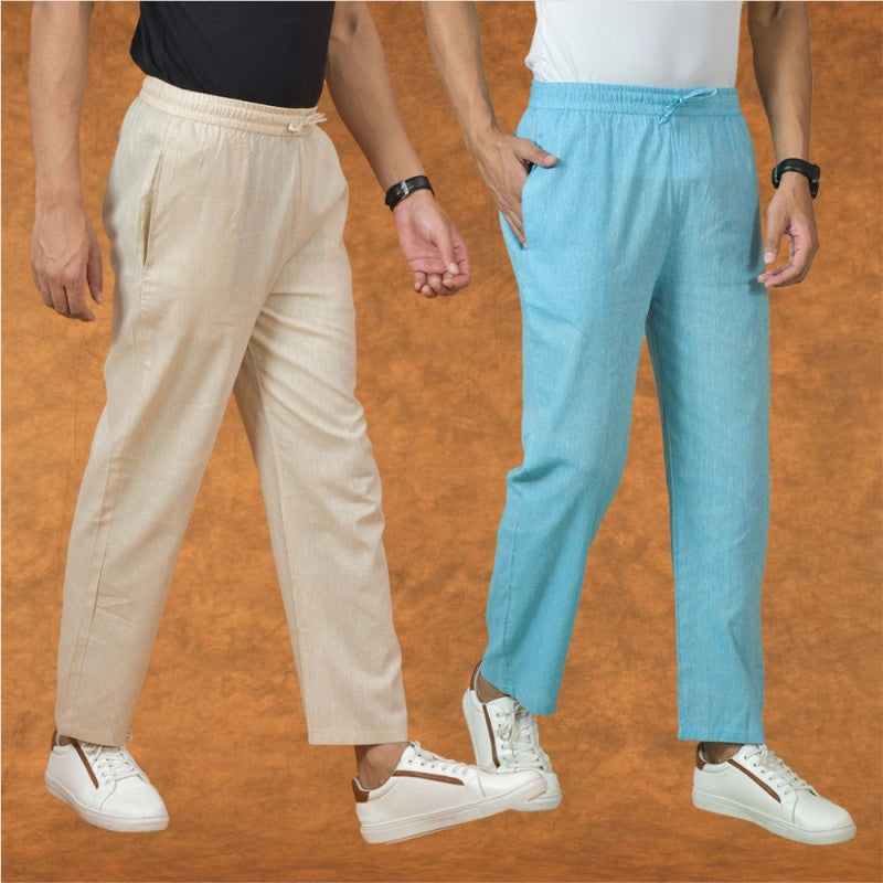Combo of 2 Men Sky Blue Cream Cotton Handloom Solid Pant-15058