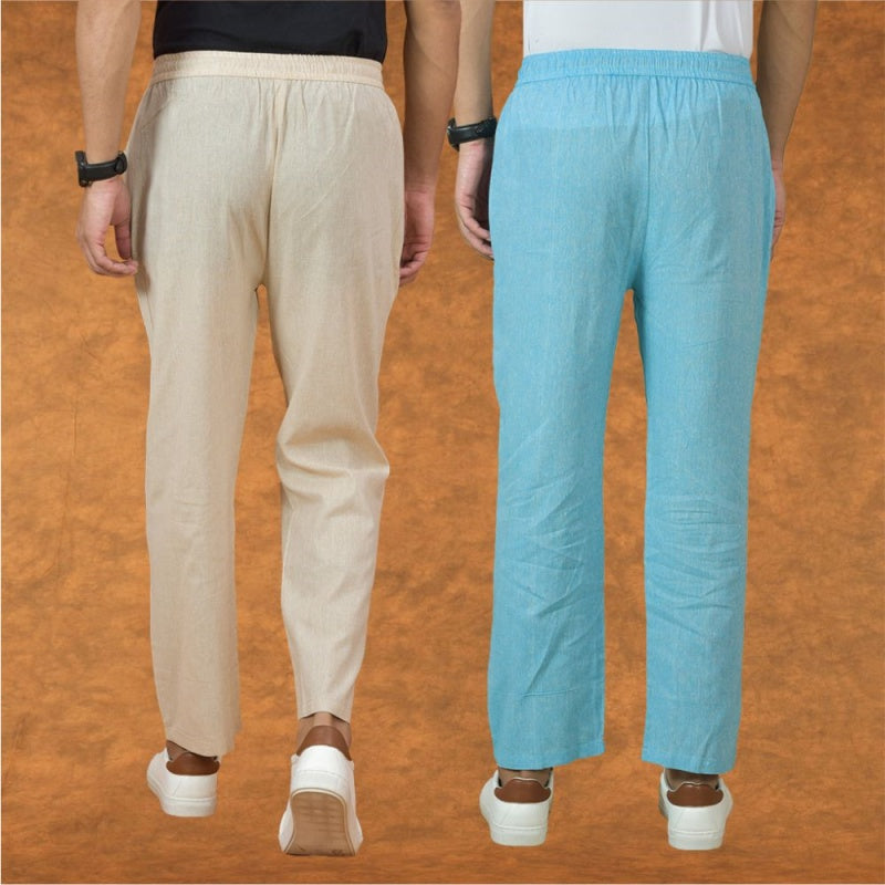 Combo of 2 Men Sky Blue Cream Cotton Handloom Solid Pant-15058