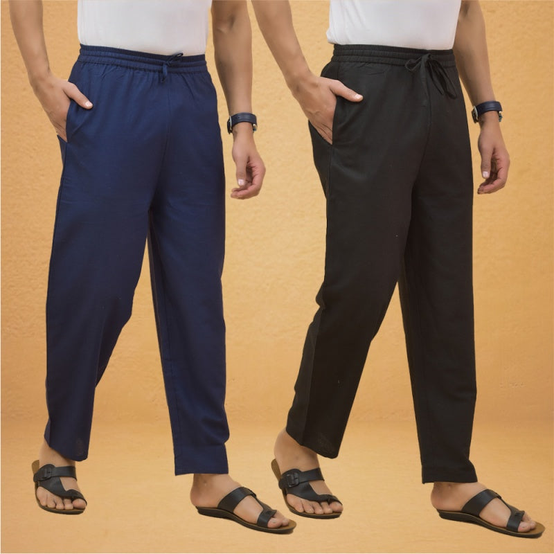 Combo of 2 Men Solid Cotton Flex Pant Black Navy Blue-15511