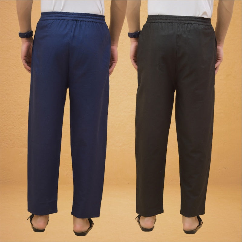 Combo of 2 Men Solid Cotton Flex Pant Black Navy Blue-15511
