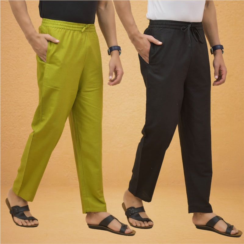 Combo of 2 Men Solid Cotton Flex Pant Black Olive Green-15502