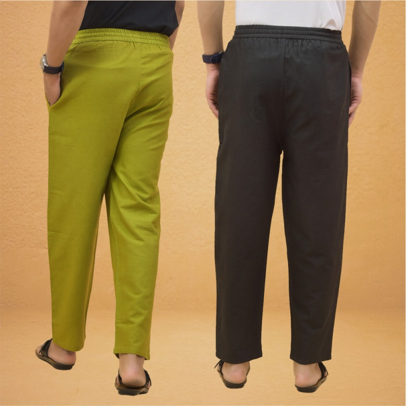 Combo of 2 Men Solid Cotton Flex Pant Black Olive Green-15502