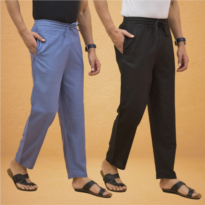 Combo of 2 Men Solid Cotton Flex Pant Black Sky Blue-15509