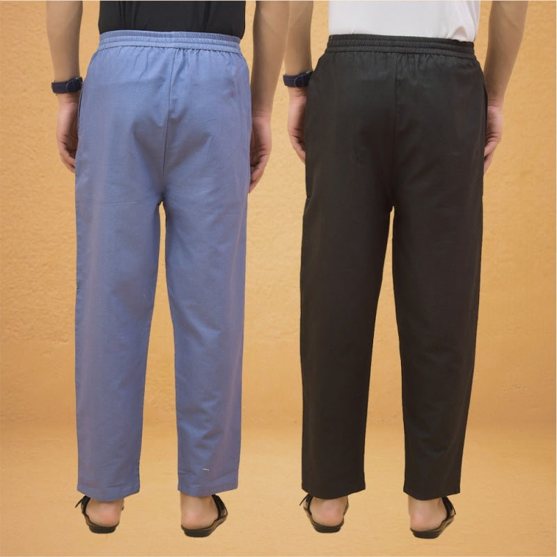 Combo of 2 Men Solid Cotton Flex Pant Black Sky Blue-15509