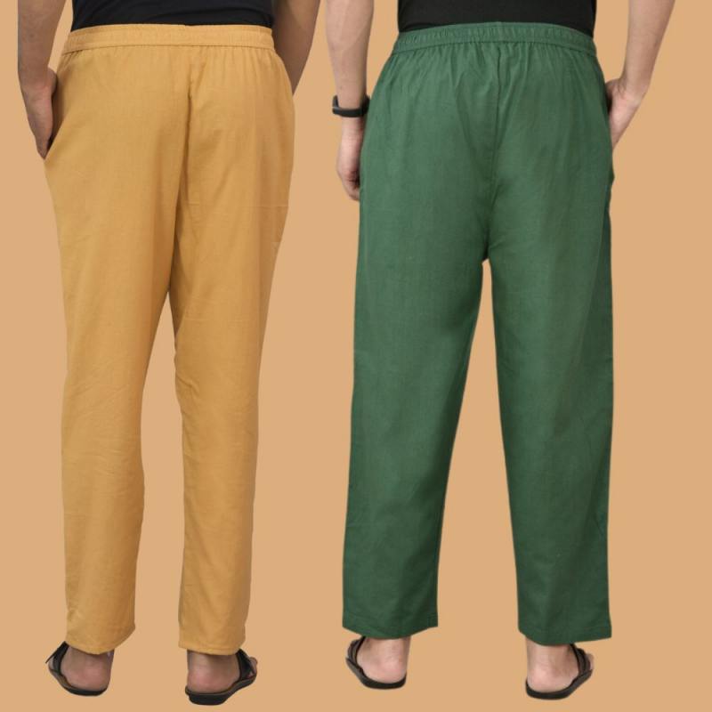 Combo of 2 Men Solid Cotton Flex Pant Bottle Green Beige-15643