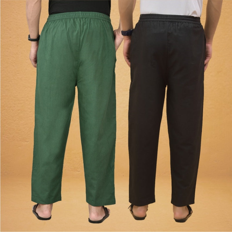 Combo of 2 Men Solid Cotton Flex Pant Bottle Green Black-15533