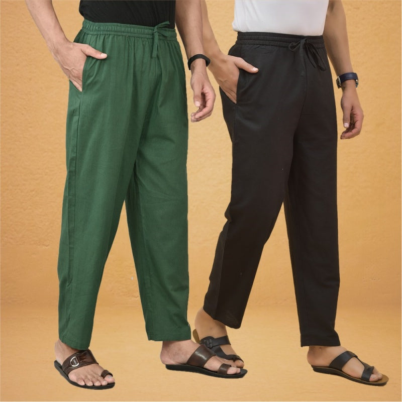 Combo of 2 Men Solid Cotton Flex Pant Bottle Green Black-15533