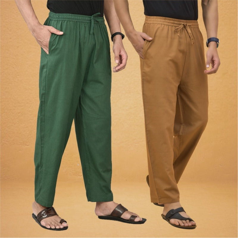 Combo of 2 Men Solid Cotton Flex Pant Bottle Green Brown-15521