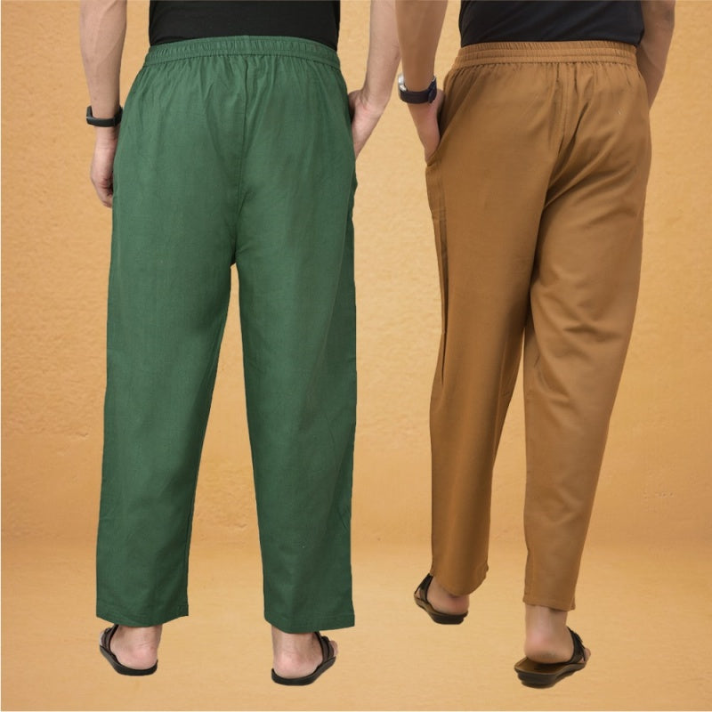 Combo of 2 Men Solid Cotton Flex Pant Bottle Green Brown-15521