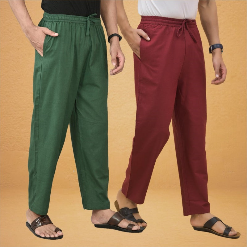 Combo of 2 Men Solid Cotton Flex Pant Bottle Green Maroon-15530