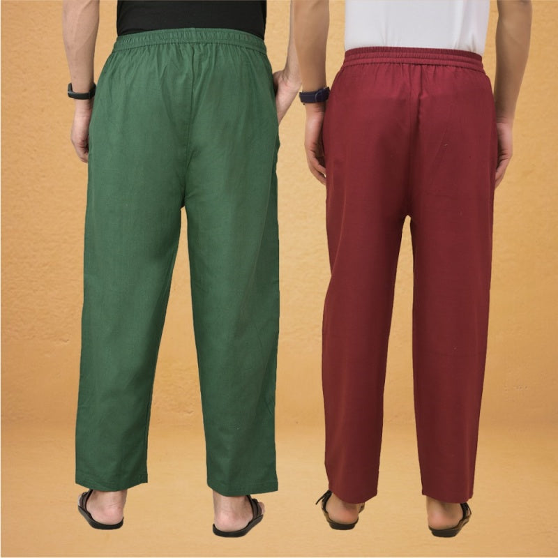 Combo of 2 Men Solid Cotton Flex Pant Bottle Green Maroon-15530