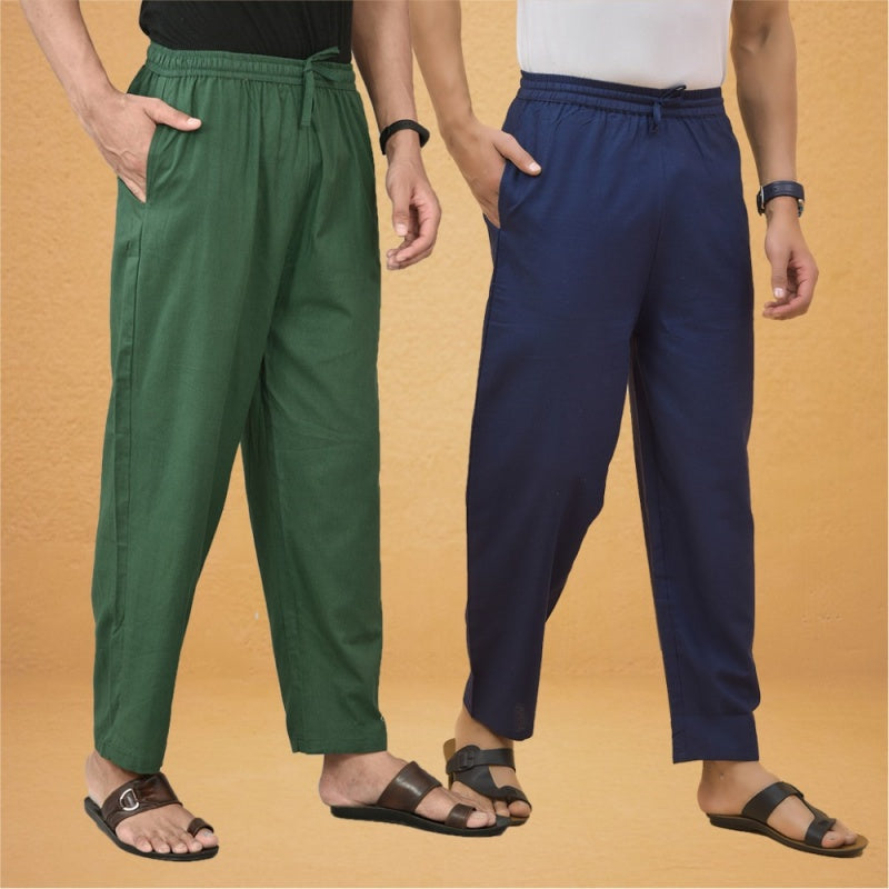 Combo of 2 Men Solid Cotton Flex Pant Bottle Green Navy Blue-15527