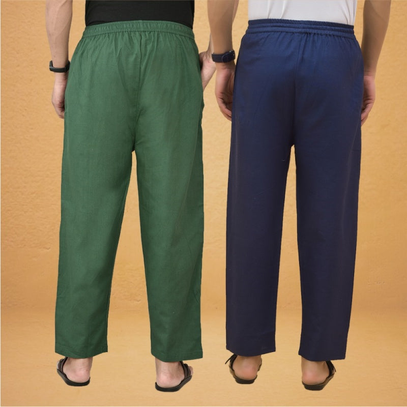 Combo of 2 Men Solid Cotton Flex Pant Bottle Green Navy Blue-15527
