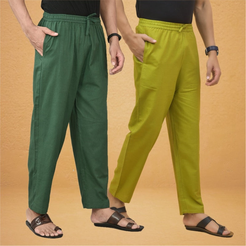 Combo of 2 Men Solid Cotton Flex Pant Bottle Green Olive Green-15518
