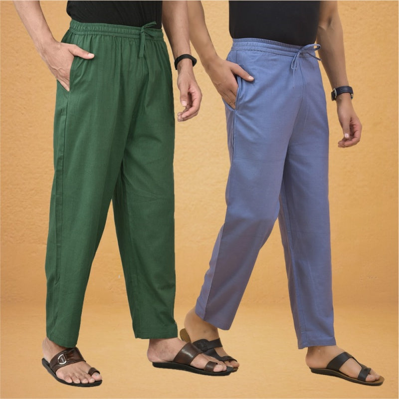 Combo of 2 Men Solid Cotton Flex Pant Bottle Green Sky Blue-15524