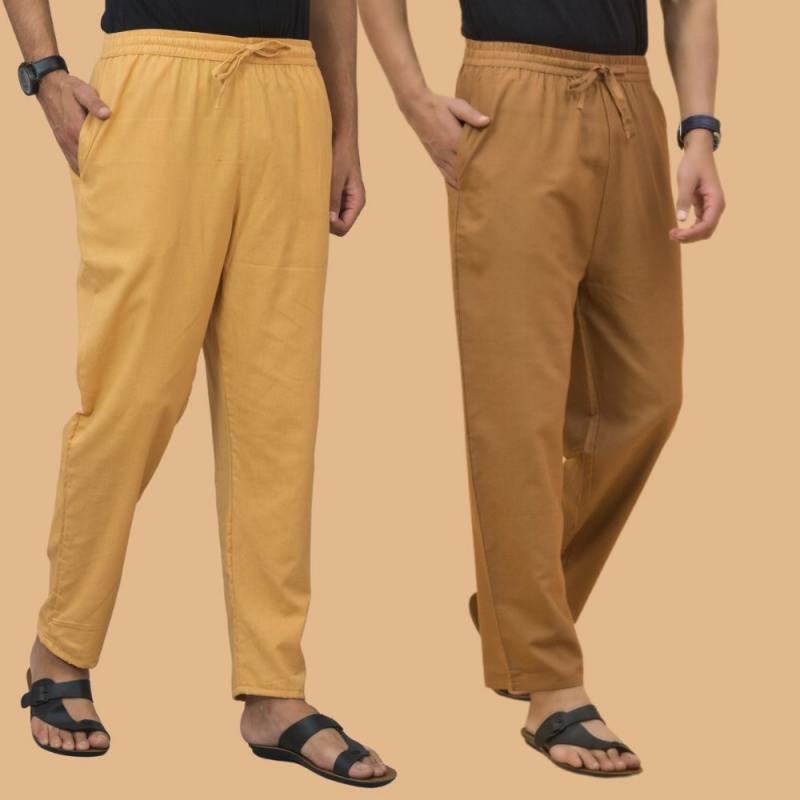 Combo of 2 Men Solid Cotton Flex Pant Brown Beige-15645