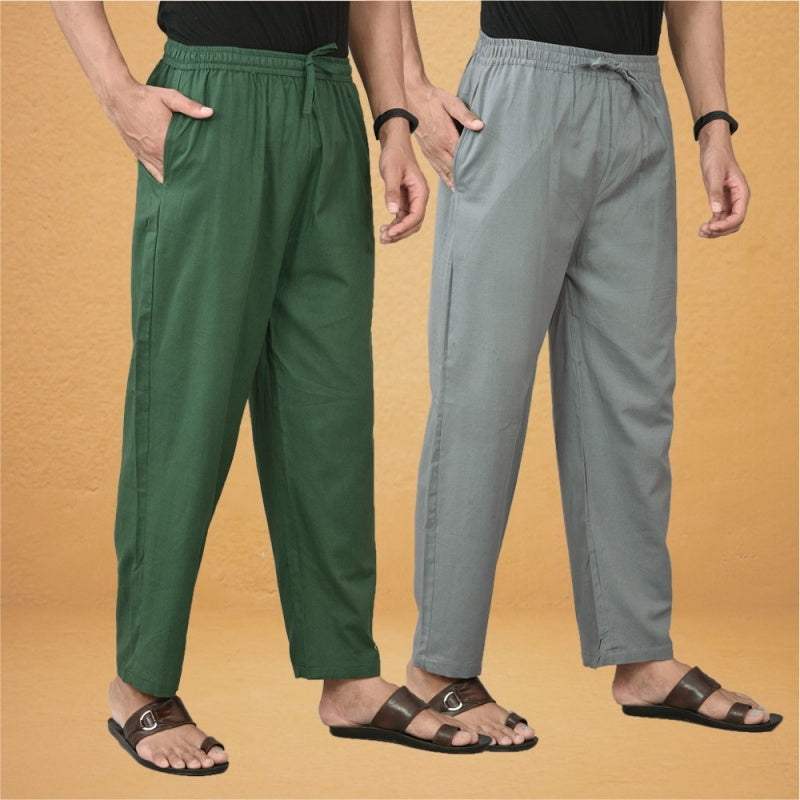 Combo of 2 Men Solid Cotton Flex Pant Gray Bottle Greenc-15535
