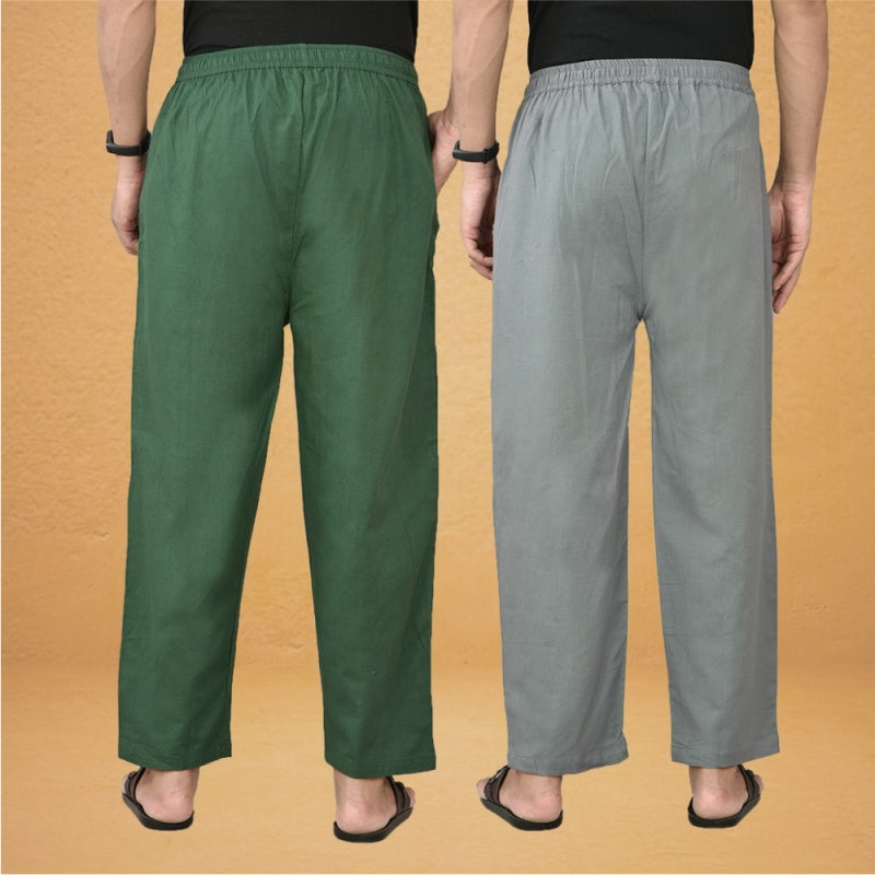 Combo of 2 Men Solid Cotton Flex Pant Gray Bottle Greenc-15535
