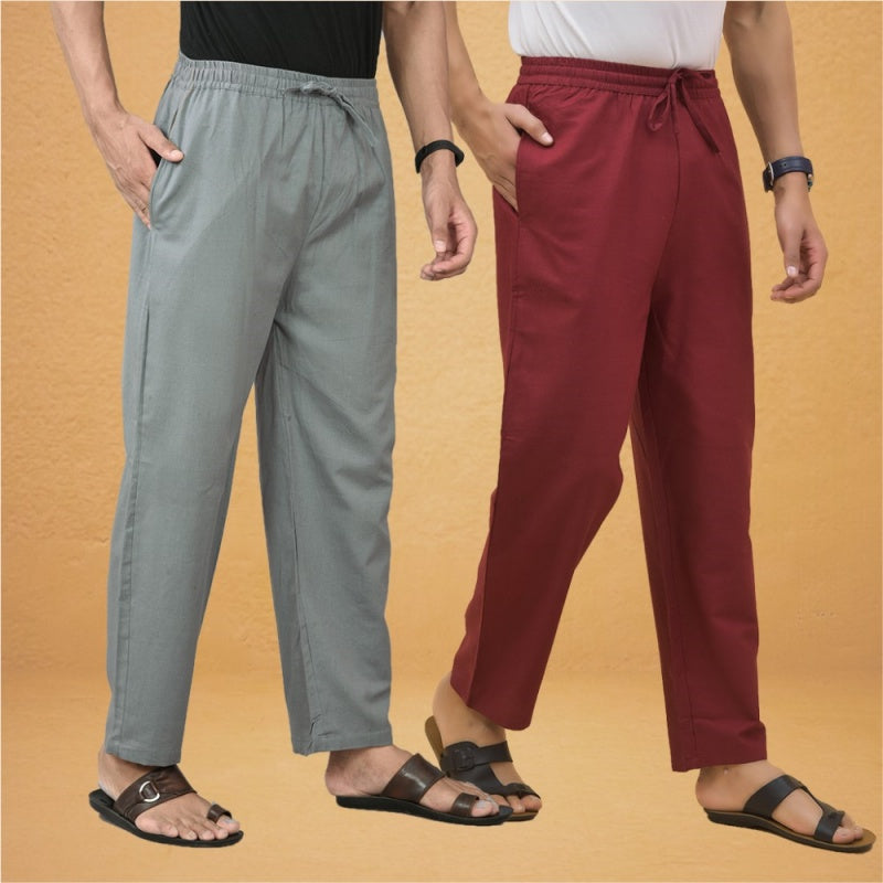 Combo of 2 Men Solid Cotton Flex Pant Gray Maroon-15528