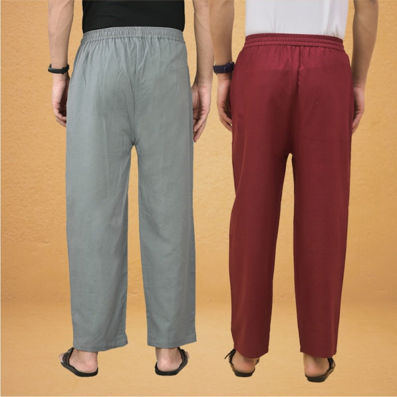 Combo of 2 Men Solid Cotton Flex Pant Gray Maroon-15528