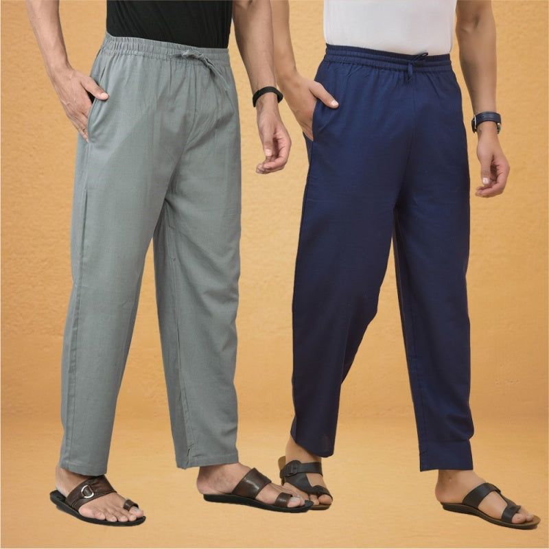 Combo of 2 Men Solid Cotton Flex Pant Gray Navy Blue-15525
