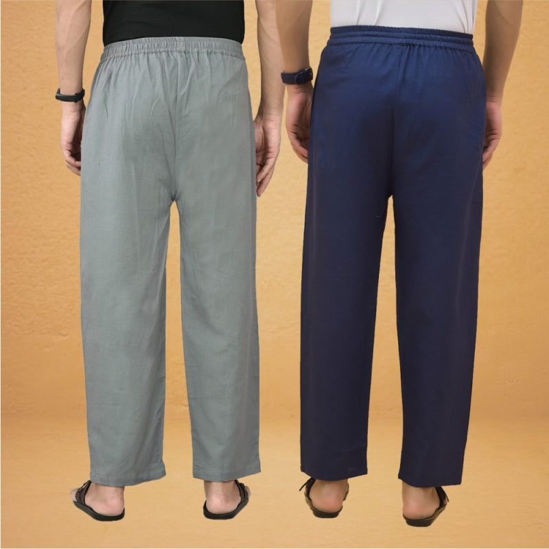Combo of 2 Men Solid Cotton Flex Pant Gray Navy Blue-15525