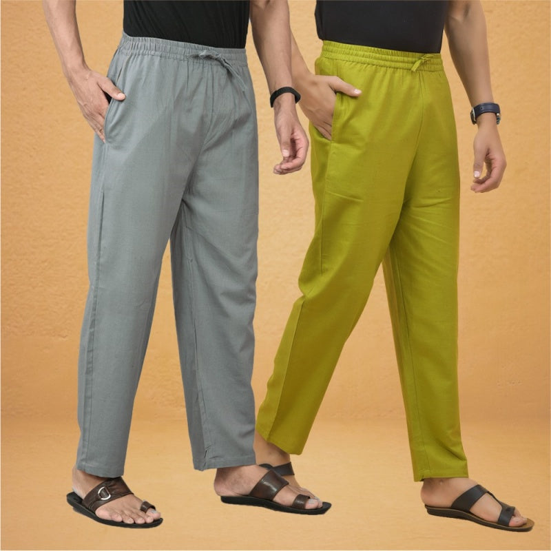 Combo of 2 Men Solid Cotton Flex Pant Gray Olive Green-15516