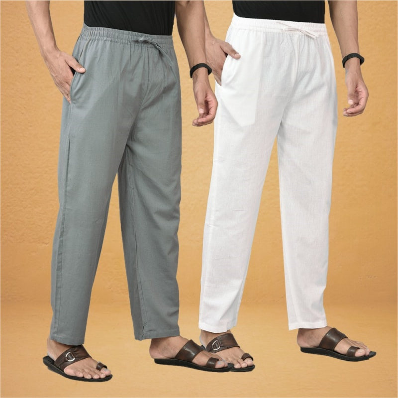 Combo of 2 Men Solid Cotton Flex Pant Gray White-15534