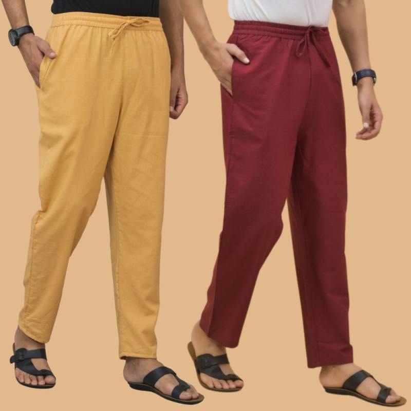 Combo of 2 Men Solid Cotton Flex Pant Maroon Beige-15648