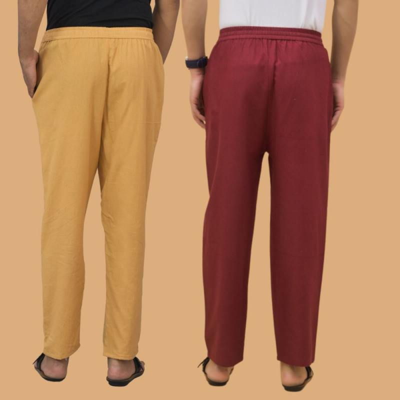 Combo of 2 Men Solid Cotton Flex Pant Maroon Beige-15648
