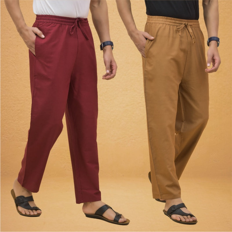 Combo of 2 Men Solid Cotton Flex Pant Maroon Brown-15505