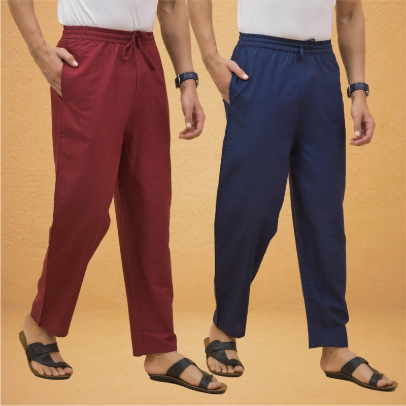 Combo of 2 Men Solid Cotton Flex Pant Maroon Navy Blue-15510