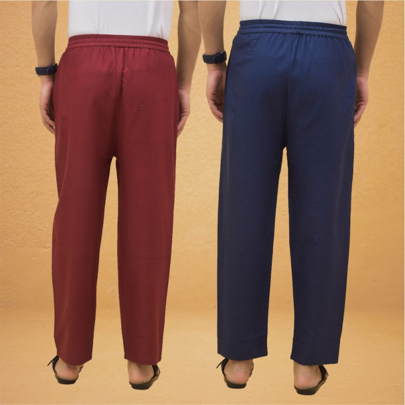 Combo of 2 Men Solid Cotton Flex Pant Maroon Navy Blue-15510