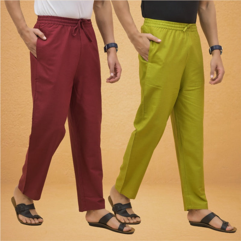 Combo of 2 Men Solid Cotton Flex Pant Maroon Olive Green-15501