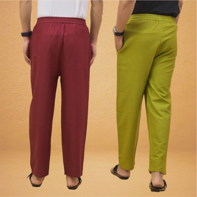 Combo of 2 Men Solid Cotton Flex Pant Maroon Olive Green-15501