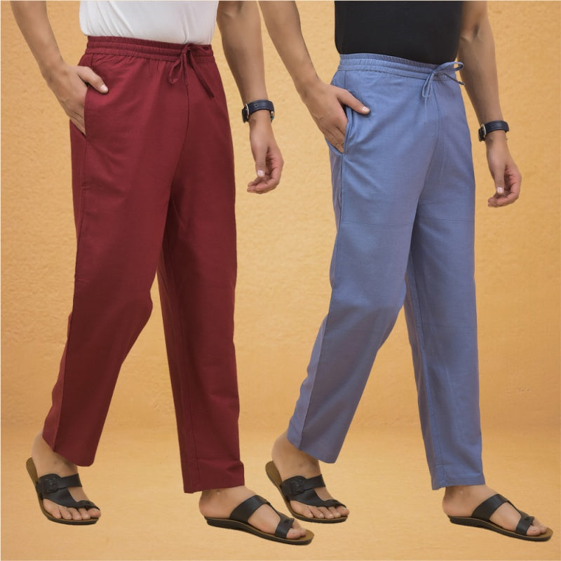Combo of 2 Men Solid Cotton Flex Pant Maroon Sky Blue-15508