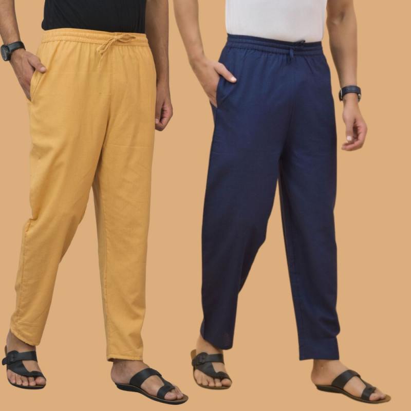 Combo of 2 Men Solid Cotton Flex Pant Navy Blue Beige-15642