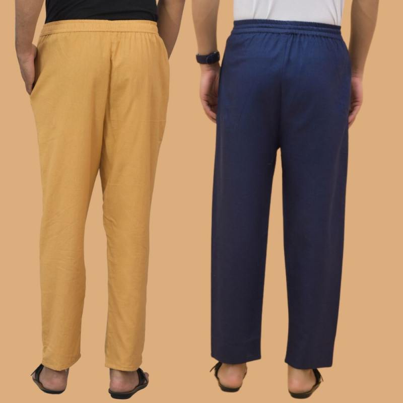 Combo of 2 Men Solid Cotton Flex Pant Navy Blue Beige-15642